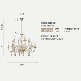 Lampadario a sospensione CECILIA in cristallo 12 luci ORO