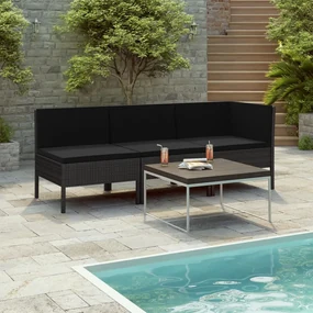 Set divani da giardino 3 pz con cuscini in polyrattan nero