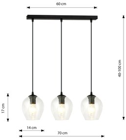 Lampadario 3 Luci Fuxi In Acciaio Nero E Vetri Trasparente