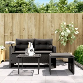 Set divani da giardino 3 pz con cuscini in polyrattan nero