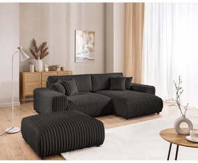 Divano angolare con penisola a destra grigio scuro e rivestimento in velluto a coste allungabile e con contenitore Sarina – Ropez