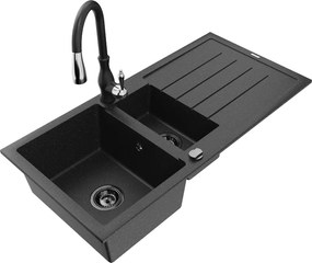 Mexen Andres lavello in granito 1,5 vasche con scolapiatti e rubinetto da cucina Savita, nero/argento - 6515-73-672601-70-B