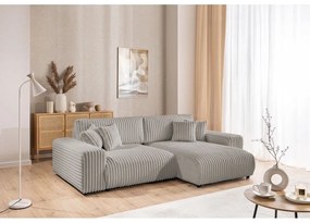 Divano angolare con penisola a destra grigio chiaro e rivestimento in velluto a coste allungabile e con contenitore Sarina – Ropez