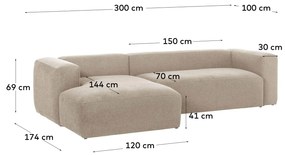 Kave Home - Divano Blok 3 posti con chaise longue sinistra beige 300 cm