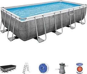 Piscina fuori terra con struttura rettangolare Bestway power steel frame' con copertura, filtro, scala e chemconnect effetto rattan 488x244x122 cm