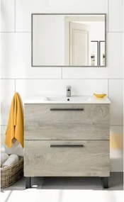 Mobile Bagno 80 Cm 2 Cassetti Con Piedini Lavabo Specchio E Colonna Athena Rovere Alaska
