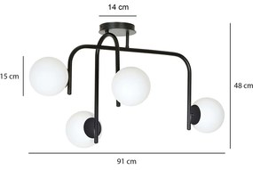 Lampadario 4 Luci Rama In Acciaio Nero A Bracci E Sfere In Vetro Opalino