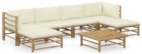 Set divani da giardino 7 pz con cuscini bianco crema in bambù