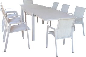 JERRI - set tavolo in alluminio cm 135/270 x 90 x 75 h con 8 poltrone Lotus
