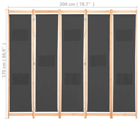 Divisorio a 5 Pannelli Grigio 200x170x4 cm in Tessuto