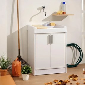 Mobile lavanderia con cesto portabiancheria con lavabo incluso Ada in abs bianco ottico P 50 x L 60 x H 84 cm