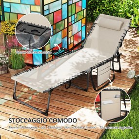 Sdraio da Giardino Pieghevole 60x190x31 cm Reclinabile a 5 Livelli con Tavolino Laterale e Tasca Crema...