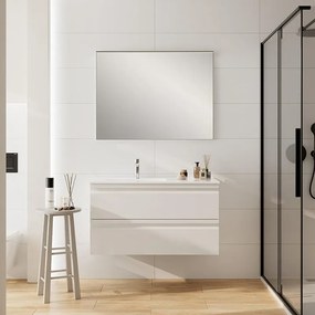 Mobile Pull L100 H55 P45 bianco opaco laccato 2 cassetti a chiusura ammortizzata e lavabo in ceramica vasca SX, piedini non inclusi