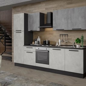 Cucina montata Dora bianco e grigio chiaro, lavello a destra, L 300 cm, completa di: cappa a camino, piano cottura a gas, forno e frigorifero