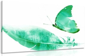 Stampa su tela – Piuma con farfalla in verde