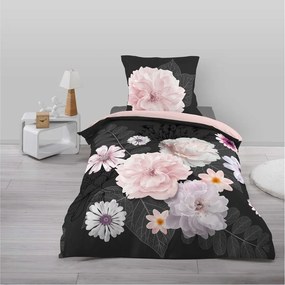 Biancheria da letto nera/rosa in cotone per letto singolo 140x200 cm Floral – douceur d'intérieur