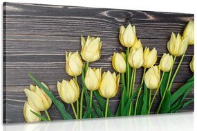 Quadro su tela – Incantevoli tulipani gialli su sfondo di legno