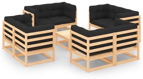 Set divani da giardino 9 pz con cuscini legno massello di pino