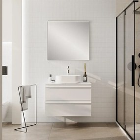 Mobile Linea L80 H55 P45 bianco opaco laccato 2 cassetti a chiusura ammortizzata e top gres Calacatta per lavabo in appoggio