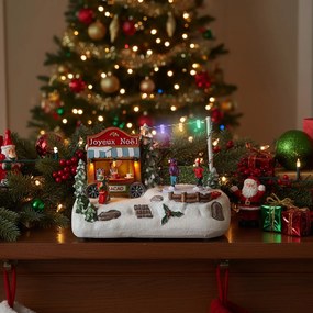 Carretto cioccolata, villaggio di Natale con luci