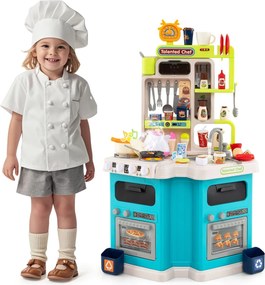 Costway Cucina da gioco angolare con 75 accessori per bambini 3+ anni, Cucinetta in legno con suoni e luci realistici 2 Colori