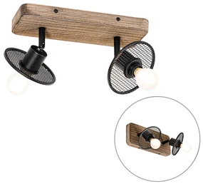 Faretto da soffitto industriale nero con legno 2 luci - Jasmine