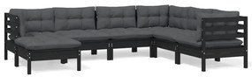 Set divani da giardino 7 pz con cuscini neri in legno di pino