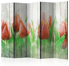 Paravento Red tulips on wood II [Room Dividers]