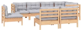 Set divani da giardino 8 pz con cuscini grigi massello di pino