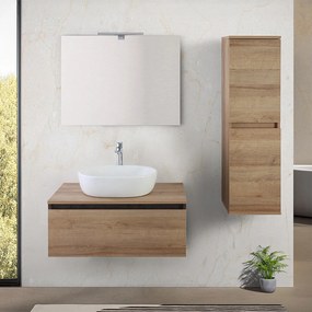 Mobile Bagno Sospeso con Lavabo da Appoggio e Specchio 1 Cassetto Salvaspazio in Legno  80 cm - Rovere di Bordeaux