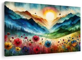 Quadro su tela – Montagne in colori arcobaleno con prato