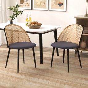 Costway Set di 2 sedie da pranzo con schienale in rattan sedile imbottito, Sedie da cucina in stile rustico Grigio