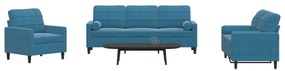 Set Di Divani 3 Pz Con Cuscini E Rinforzi Blu İn Velluto /