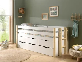 Divano letto montessoriano per camerette in Pino naturale e Bianco laccato