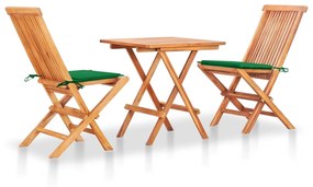 Set Da Bistrot 3 Pz Con Cuscini Verdi İn Legno Massello Di Teak /