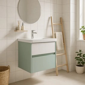 Mobile da bagno sospeso sotto lavabo Niwa 2 cassetti L 59.5 x H 50 x P 45.5 cm verde e bianco laccato opaco cannettato