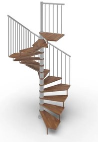 Scala a chiocciola a base quadrata Nara IRIS, con corrimano, larghezza 180 cm, struttura in acciaio grigio argento, gradini in legno faggio, colore noce
