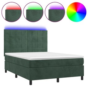 Letto a molle con materasso e led verde scuro 140x190cm velluto