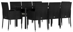 Set da pranzo da giardino 9 pz con cuscini nero in polyrattan