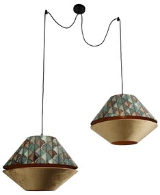 Lampada a sospensione nera con doppio paralume in velluto con motivo a foglie e beige a 2 luci - Cava Luxe