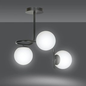 Lampadario 3 Luci Rama In Acciaio Nero A Bracci E Sfere In Vetro Opalino