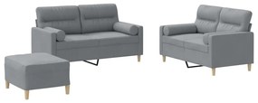 Set divani 3 pz con cuscini grigio chiaro in tessuto