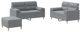 Set divani 3 pz con cuscini grigio chiaro in tessuto