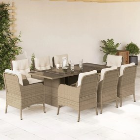 Set da pranzo da giardino 9 pz con cuscini beige in polyrattan