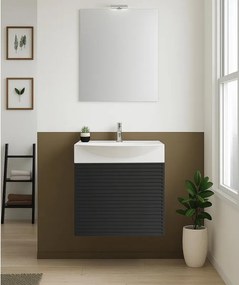Mobile bagno sospeso con lavabo e specchio e illuminazione L 50 x H 58 x P 40 cm laccato opaco nero cannettato, 1 anta per vasca centrale Mini50s