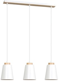 Lampadario 3 Luci Lancillotto Con Paralumi A Cono In Acciaio Bianco E Legno Naturale