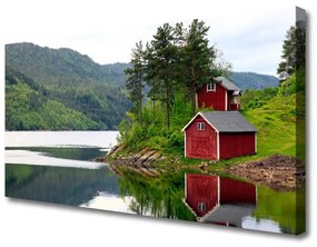 Quadro su tela Paesaggio del lago di montagna della casa 100x50 cm