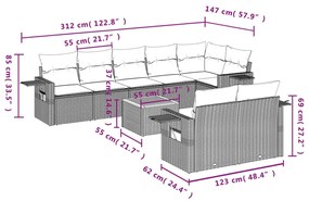 Set divani da giardino 9 pz con cuscini nero in polyrattan