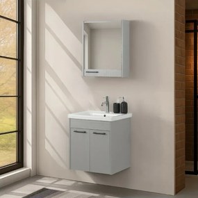 Mobile bagno sospeso 55 cm grigio chiaro effetto legno con armadietto a specchio Sofia