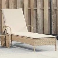 Lettino Prendisole con Ruote e Cuscino in Polyrattan Beige 368312